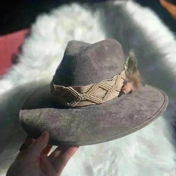 Custom Felt hat with plumes & macrame boho Tulum Suede Western Hat Widebrim